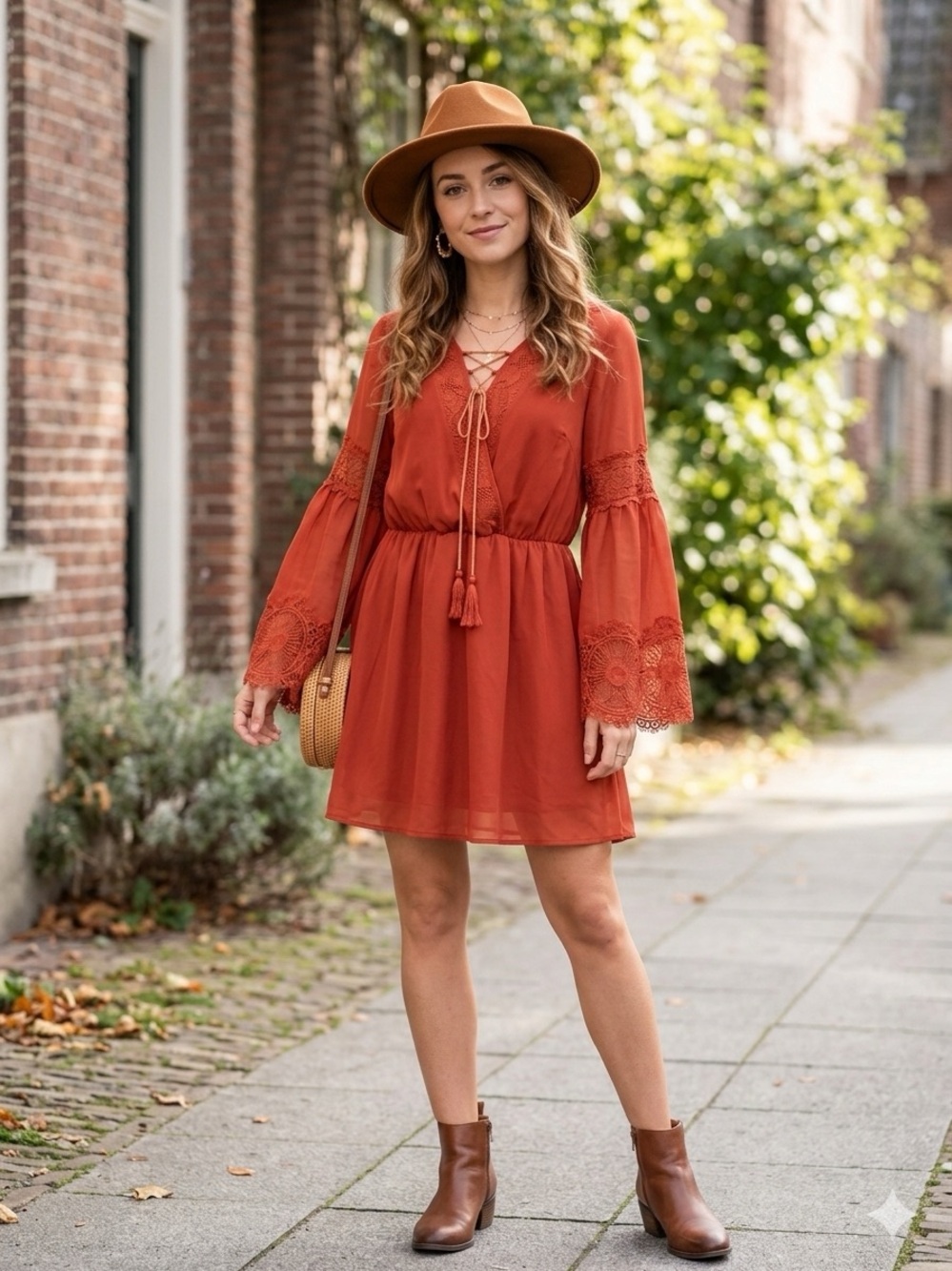 Entro Women’s Size Small Burnt Orange Bell Sleeve Mini Dress Boho Fall